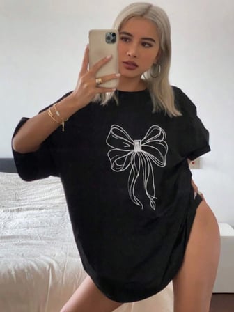 Baskılı Oversize T-shirt - Siyah