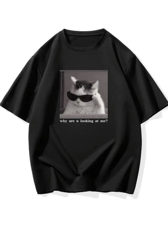 Baskılı Oversize Bisiklet Yaka T-shirt - Siyah