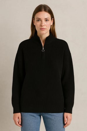 KADIN Yarım Fermuarlı Triko Kazak – Selanik Örgü, Dik Yaka, Pamuklu Dokuma, Oversize Uzun Kollu Kışlık Model - Siyah