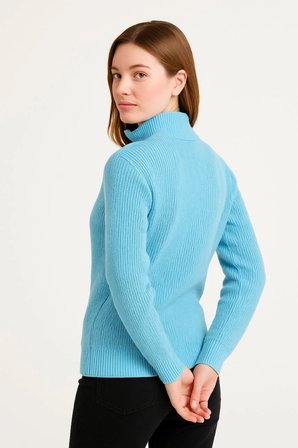 KADIN Yarım Fermuarlı Triko Kazak – Selanik Örgü, Dik Yaka, Pamuklu Dokuma, Oversize Uzun Kollu Kışlık Model - Bebe Mavisi