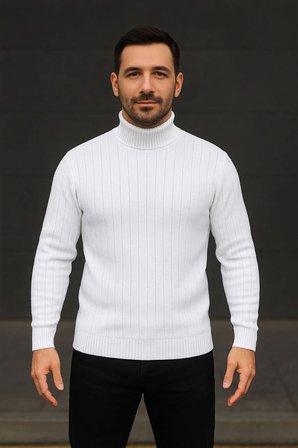 Erkek Balıkcı Yaka Bağazlı Triko Kazak Pamuklu Kalın Fitilli Dokuma, Regular Fit Uzun Kollu Kışlık Model - Beyaz