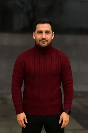 Erkek Balıkcı Yaka Bağazlı Triko Kazak Pamuklu Kalın Fitilli Dokuma, Regular Fit Uzun Kollu Kışlık Model - Bordo