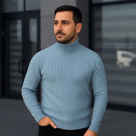 Erkek Balıkcı Yaka Bağazlı Triko Kazak Pamuklu Kalın Fitilli Dokuma, Regular Fit Uzun Kollu Kışlık Model - Bebe Mavisi