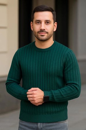 Erkek Bisiklet Yuvarlak Yaka Triko Kazak Pamuklu Kalın Fitilli Dokuma, Regular Fit Uzun Kollu Kışlık Model - Haki