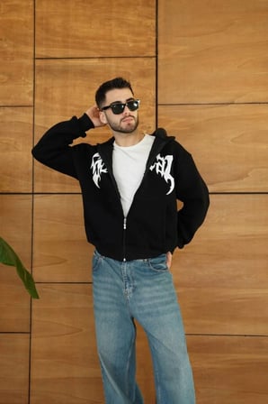 Erkek Kapüşonlu Sweatshirt  Hoodie  İplik Şardonlu Pamuklu Kumaş, Önü Baskılı, Fermuarlı Rahat Kalıp, Kışlık Ve Sokak Stili Sweat - Siyah