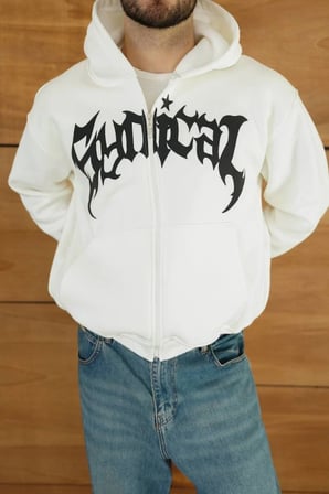 Erkek Kapüşonlu Sweatshirt Hoodie  İplik Şardonlu Pamuklu Kumaş, Önü Baskılı, Fermuarlı Rahat Kalıp, Kışlık Ve Sokak Stili Sweat - Beyaz