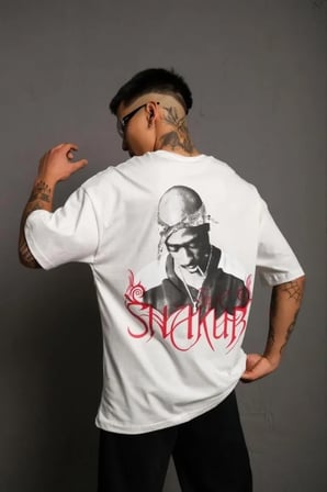 Erkek Oversize Tişört – Beyaz / Penye Kumaş, Bisiklet Yaka, Ön - Arka Baskılı, Streetwear Tarzı Rahat Büyük Kalıp T-Shirt- Beyaz