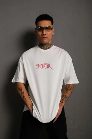 Erkek Oversize Tişört – Beyaz / Penye Kumaş, Bisiklet Yaka, Ön - Arka Baskılı, Streetwear Tarzı Rahat Büyük Kalıp T-Shirt- Beyaz