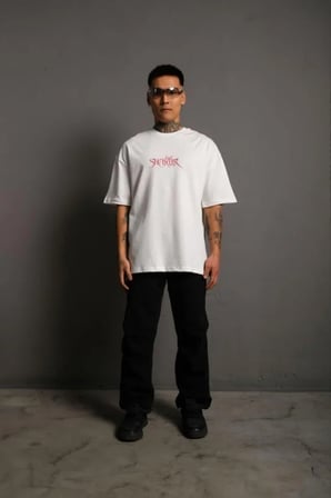 Erkek Oversize Tişört – Beyaz / Penye Kumaş, Bisiklet Yaka, Ön - Arka Baskılı, Streetwear Tarzı Rahat Büyük Kalıp T-Shirt- Beyaz