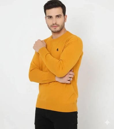 Erkek Bisiklet Yaka Nakış Işlemeli Triko Kazak Yumuşak Dokulu Pamuklu Ince Dokuma, Uzun Kollu Rahat Regular Kalıp - Turuncu