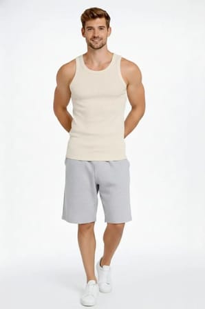 Erkek Fitilli Atlet Sıfır Yaka Slim Fit Arka Baskılı Spor Atlet - Krem