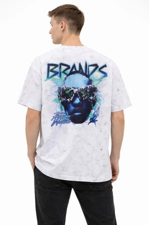 Erkek Asit Yıkamalı Oversize Tişört Future Worlds Baskılı Bisiklet Yaka Kısa Kollu Streetwear % Pamuk Street Style T-Shirt - Beyaz