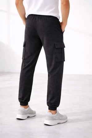 Erkek Jogger Eşofman Altı Regular Fit , Kargo Cepli, Lastikli Paça, Günlük Spor Pantolon - Füme