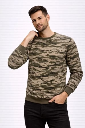 Erkek Kamuflaj Desenli  İplik  Mevsim Uzun Kollu Bisiklet Yaka Sweatshirt - Kamuflaj