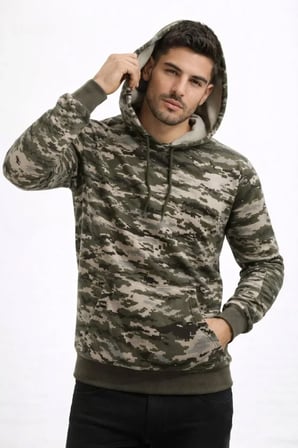 Erkek Kamuflaj Desenli  İplik  Mevsim Kapüşonlu Kanguru Cepli Hoodie Sweatshirt - Kamuflaj