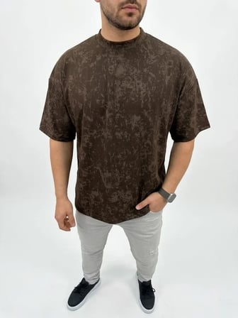 Erkek Premium Tişört OSY Yumuşak Dokulu Yıkamalı Oversize T-Shirt - Kahverengi