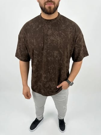 Erkek Premium Tişört OSY Yumuşak Dokulu Yıkamalı Oversize T-Shirt - Kahverengi