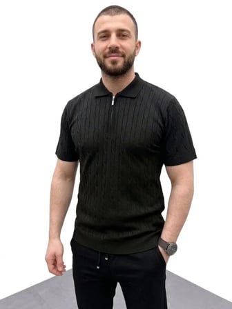 Erkek Yazlık Triko Saç Örgü Tişört Kısa Kol Polo Yaka Fermuarlı T-Shirt - Siyah