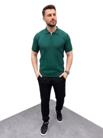 Erkek Yazlık Triko Saç Örgü Tişört Kısa Kol Polo Yaka Fermuarlı T-Shirt - Haki