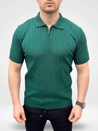 Erkek Yazlık Triko Saç Örgü Tişört Kısa Kol Polo Yaka Fermuarlı T-Shirt - Haki