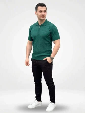 Erkek Yazlık Triko Saç Örgü Tişört Kısa Kol Polo Yaka Fermuarlı T-Shirt - Haki