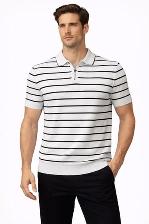 Erkek Triko Polo Yaka Fermuarlı Çizgili Tişört T-Shirt Yazlık Şık - Beyaz