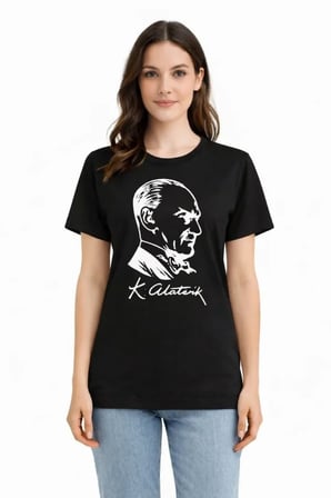 Atatürk Baskılı Tişört Kısa Kollu Bisiklet Yaka T-Shirt - Siyah