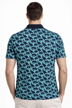 Erkek Pike Kumaş Polo Yaka Palmiye Desenli Tişört Kısa Kol Yazlık T-Shirt - Turkuaz