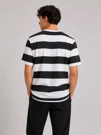 Erkek Çizgili Oversize Tişört Bisiklet Yaka Kısa Kol Yazlık T-Shirt - Siyah