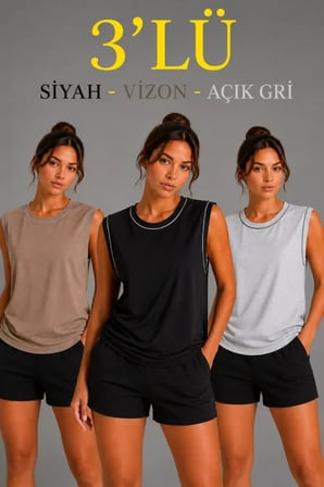 ’lü Kolsuz Sporcu Atlet Seti Yazlık Bisiklet Yaka - Siyah, Kahverengi, Gri