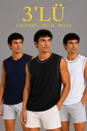 Erkek ’lü Kolsuz Sporcu Atlet Seti Yazlık Bisiklet Yaka - Siyah, Lacivert, Beyaz