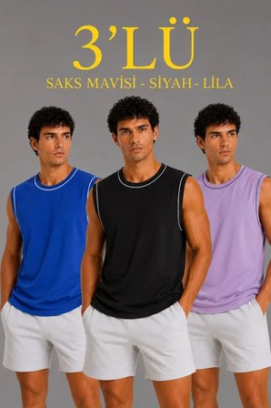 Erkek ’lü Kolsuz Sporcu Atlet Seti Yazlık Bisiklet Yaka - Siyah, Lila, Saks Mavisi