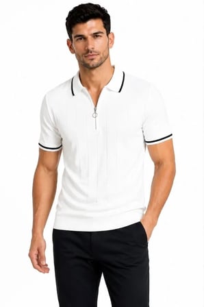 Erkek Fitilli Triko T-shirt Polo Yaka Yarım Fermuarlı Kısa Kollu Tişört - Beyaz