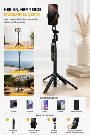 Yapay Zeka Yüz Takipli Sarsıntı Önleyici Telefon Tutucu Uzatılabilir 183cm Selfie Çubuğu Tripod