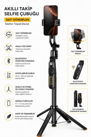 Yapay Zeka Yüz Takipli Sarsıntı Önleyici Telefon Tutucu Uzatılabilir 183cm Selfie Çubuğu Tripod