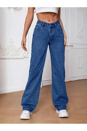 Amanda Kadın Palazzo Salaş Rahat Yüksek Bel Bol Geniş Paça Jeans Denim Kot Pantolon