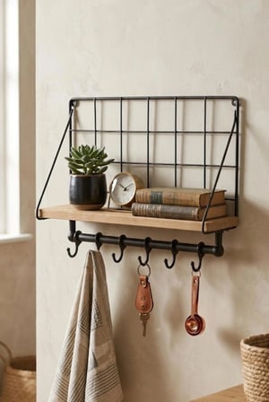 Tek Katlı Ahşap Mutfak Rafı – Bardak & Kupa Askısı, 6 Kancalı Düzenleyici, Fincan Askılığı 40*33 cm