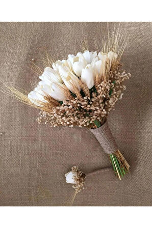 Ekru Yapay Islak Lale Gelin Buketi