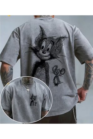 Tom And Jerry Baskılı Unisex Yıkamalı Vintage Oversize T-Shirt