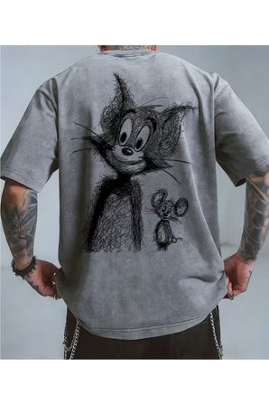 Tom And Jerry Baskılı Unisex Yıkamalı Vintage Oversize T-Shirt