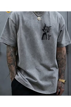 Tom And Jerry Baskılı Unisex Yıkamalı Vintage Oversize T-Shirt