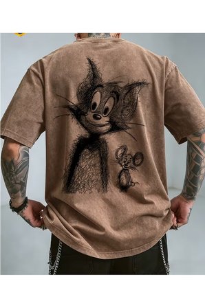 Tom And Jerry Baskılı Unisex Yıkamalı Vintage Oversize T-Shirt
