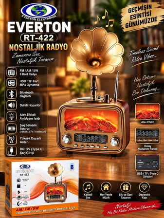 Everton Rt-422 Bluetooth Fm-Usb-Tf-Aux Şarjlı Nostaljik Radyo Gramafon (Alev Ambiyans Işığı) şömine ÇITIRTI SESLİ