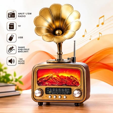 Everton Rt-422 Bluetooth Fm-Usb-Tf-Aux Şarjlı Nostaljik Radyo Gramafon (Alev Ambiyans Işığı) şömine ÇITIRTI SESLİ