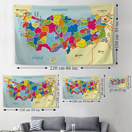 Eğitici Ve Öğretici Detaylı Dekoratif Komşulu Türkiye HaritasıDuvar Örtüsü-Halısı 3845