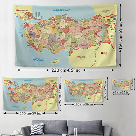 Eğitici Ve Öğretici Detaylı Dekoratif Komşulu Türkiye HaritasıDuvar Örtüsü-Halısı 3846