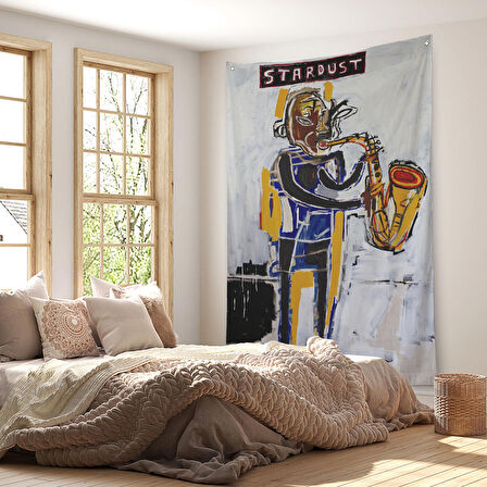 ean Michel Basquiat Stardust Saksafon Duvar Örtüsü - Halısı, Sokak sanatı, Pop Art -4963