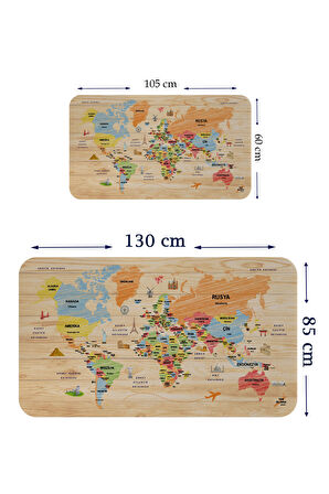 Ahşap Görünümlü Türkçe Eğitici Detaylı Atlası Dekoratif Dünya Haritası Kaliteli Duvar Sticker 3868