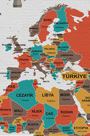 Duvar ÖrtüsüBayrak Detaylı Türkçe Güncel Dünya Haritası Kanvas Duvar Halısı-4048