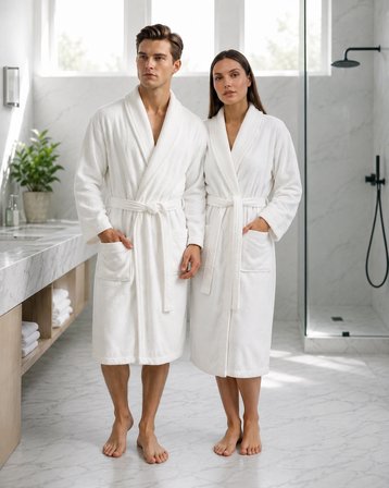 İpekçe Home Fitilli Yaka Unisex Bornoz Takımı %100 Pamuk 3'lü Set Beyaz